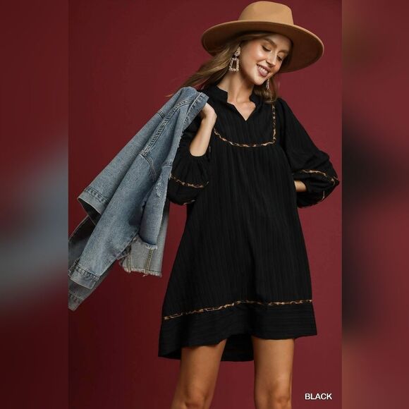 Umgee USA Umgee Ribbed Oversized Babydoll Dress Leopard Trim Sz  Md [6/8] - Picture 10 of 12